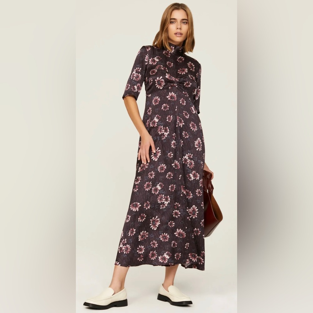 Rachel Comey Black Floral Midi Dress with Pink Flowers